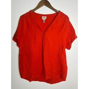 St John's Bay Wm LG Red Cotton Gauze V-Neck Short Sleeve Blouse Top